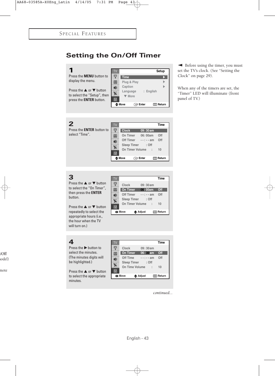 Setting the on/off timer | Samsung CL29M16MQD User Manual | Page 43 / 56