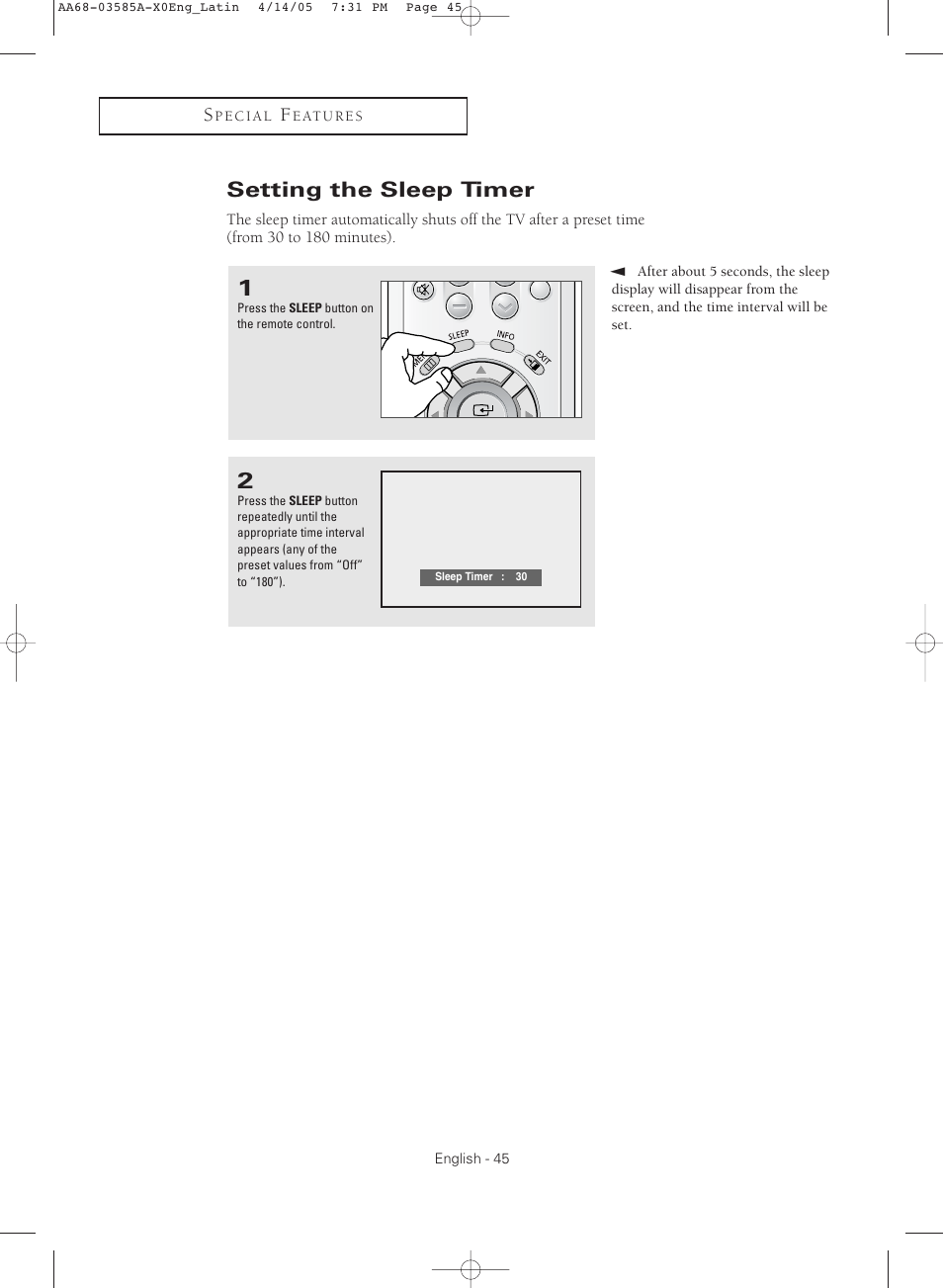 Setting the sleep timer | Samsung CL29M16MQD User Manual | Page 45 / 56