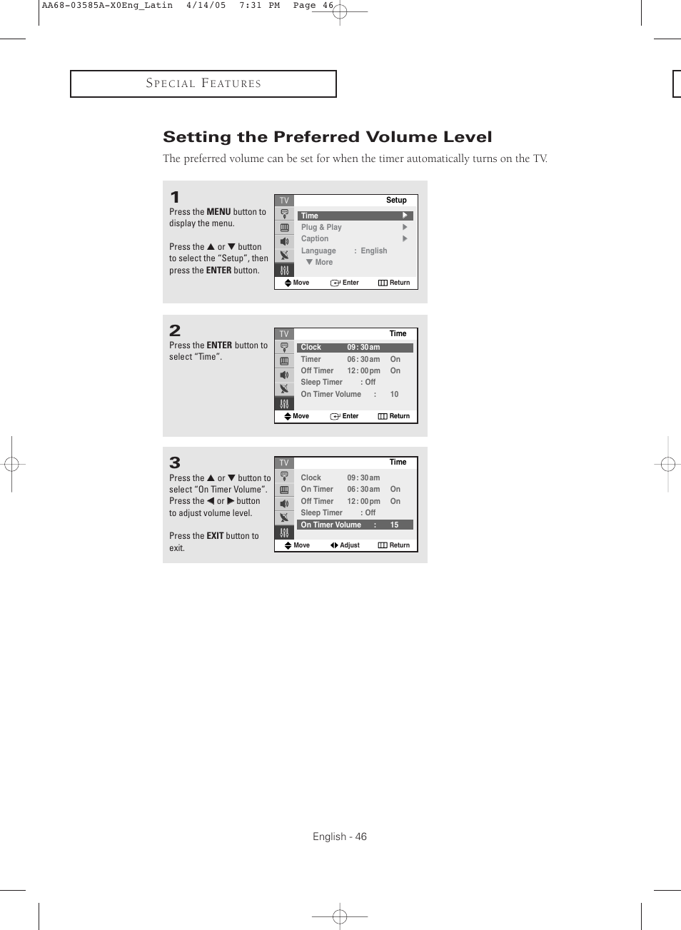 Setting the preferred volume level | Samsung CL29M16MQD User Manual | Page 46 / 56