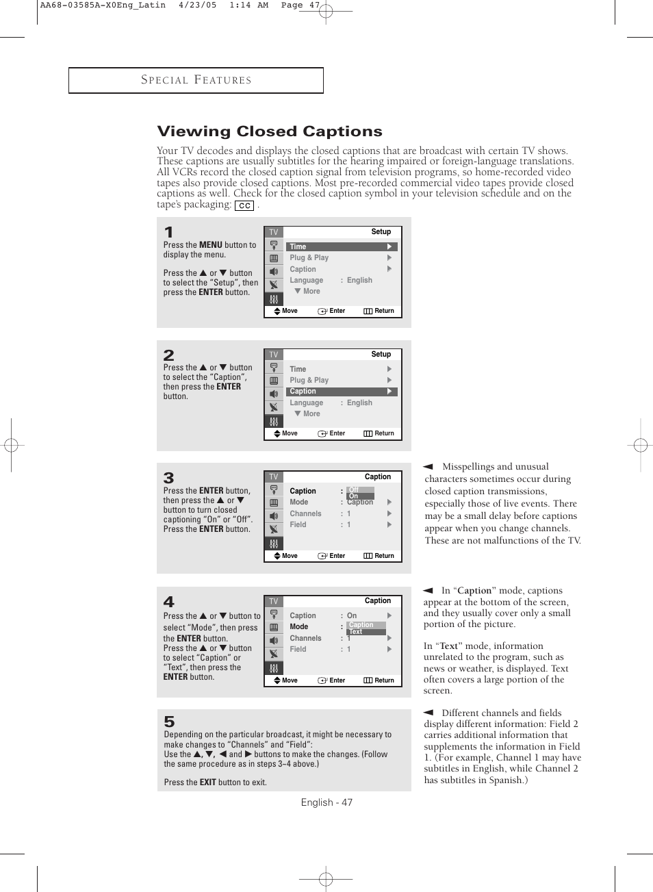Viewing closed captions | Samsung CL29M16MQD User Manual | Page 47 / 56