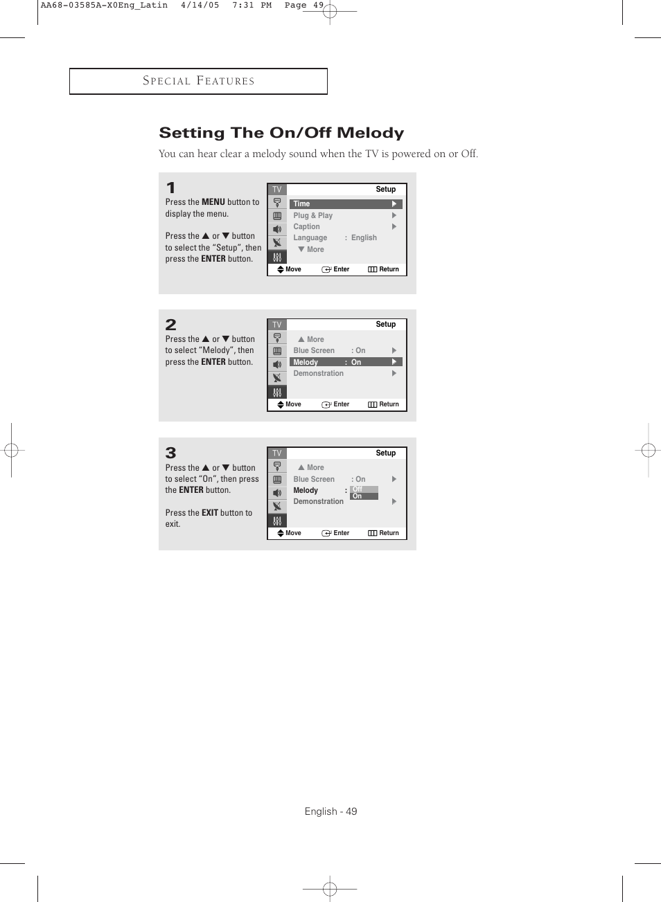 Setting the on/off melody | Samsung CL29M16MQD User Manual | Page 49 / 56