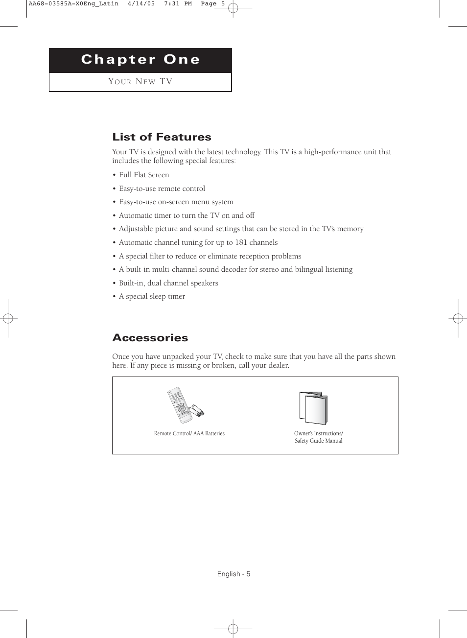 Chapter 1 : your new tv, List of features, Accessories | Samsung CL29M16MQD User Manual | Page 5 / 56