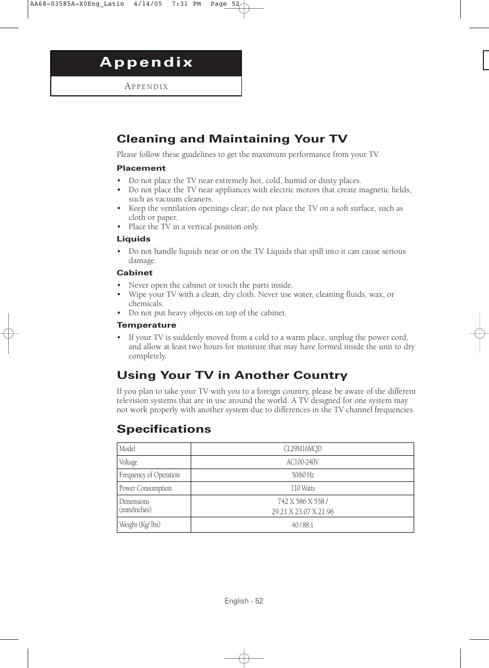 Appendix, Cleaning and maintaining your tv, Using your tv in another country | Specifications | Samsung CL29M16MQD User Manual | Page 52 / 56