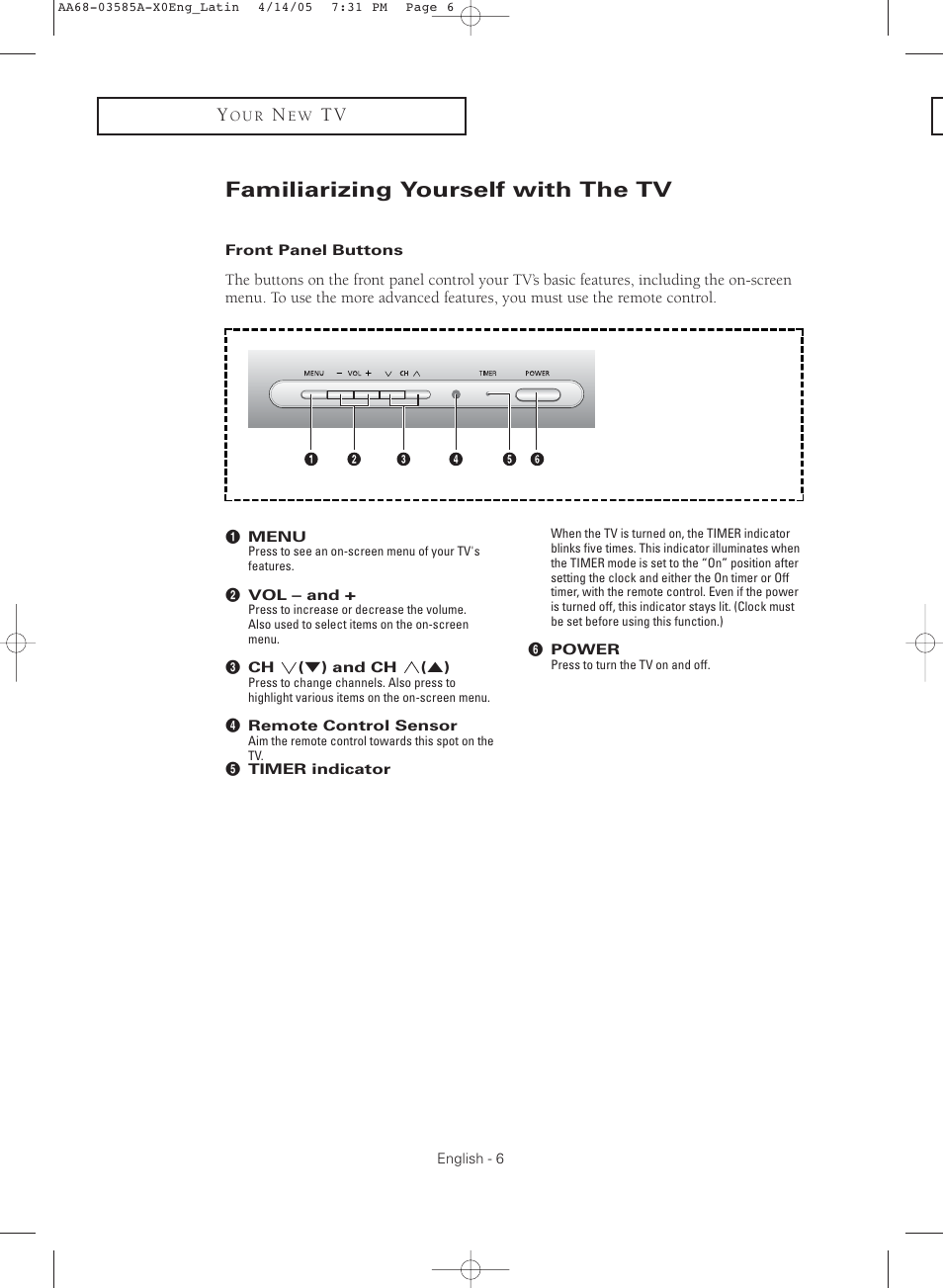 Familiarizing yourself with the tv, Front panel buttons | Samsung CL29M16MQD User Manual | Page 6 / 56