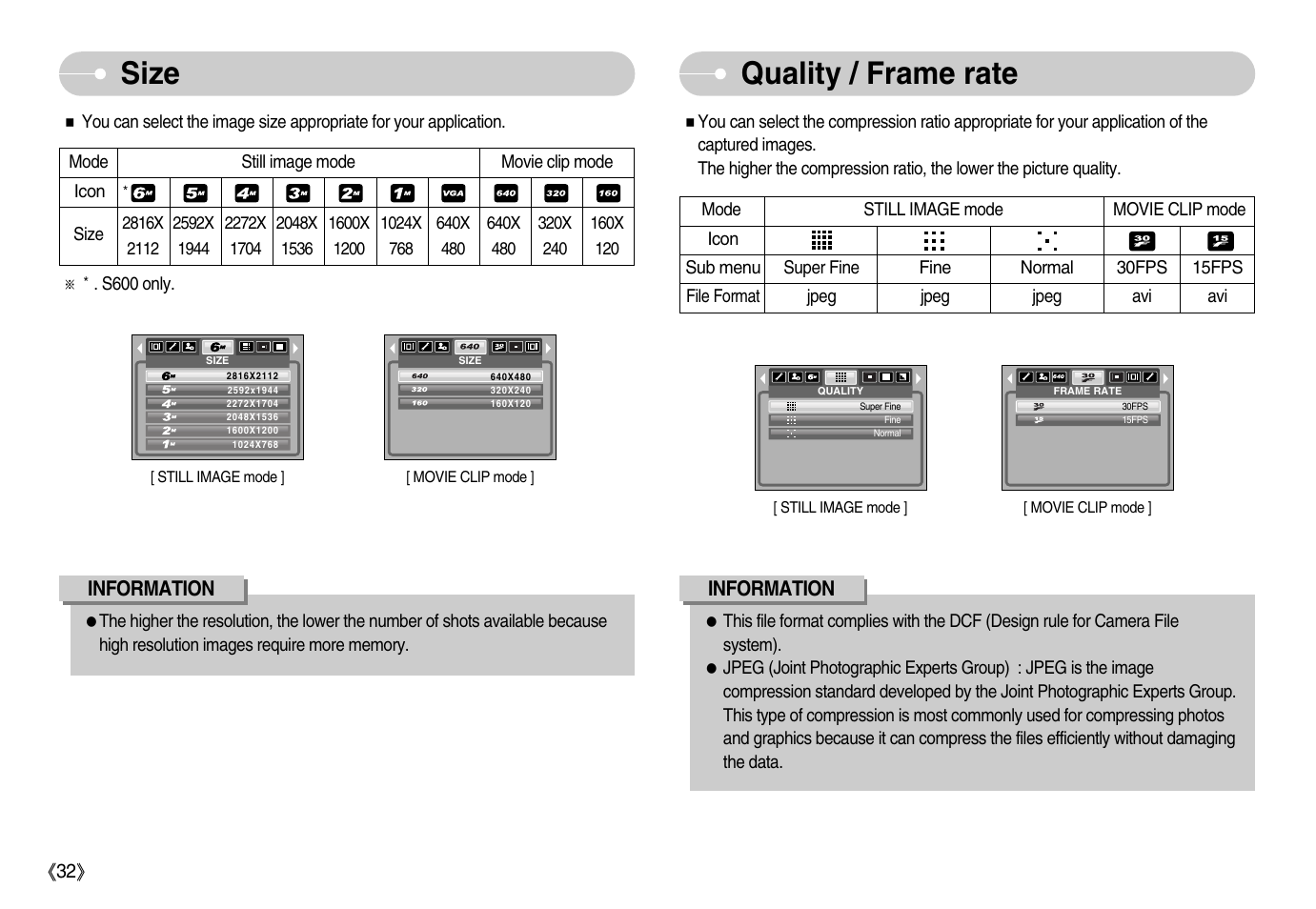Size quality / frame rate | Samsung Digimax S600 User Manual | Page 33 / 78