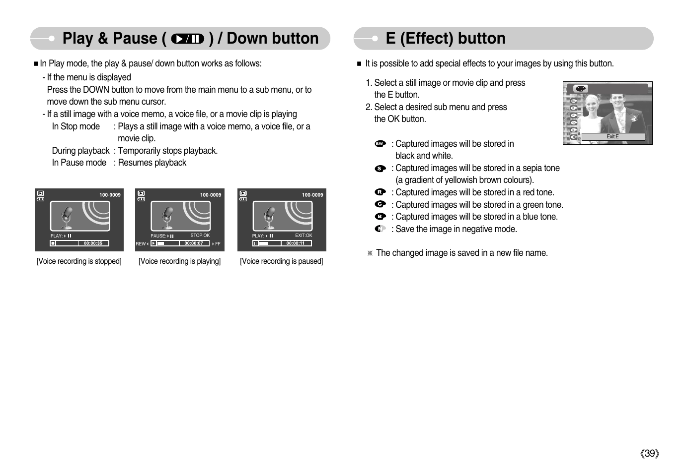 Play & pause ( ) / down button e (effect) button | Samsung Digimax S600 User Manual | Page 40 / 78