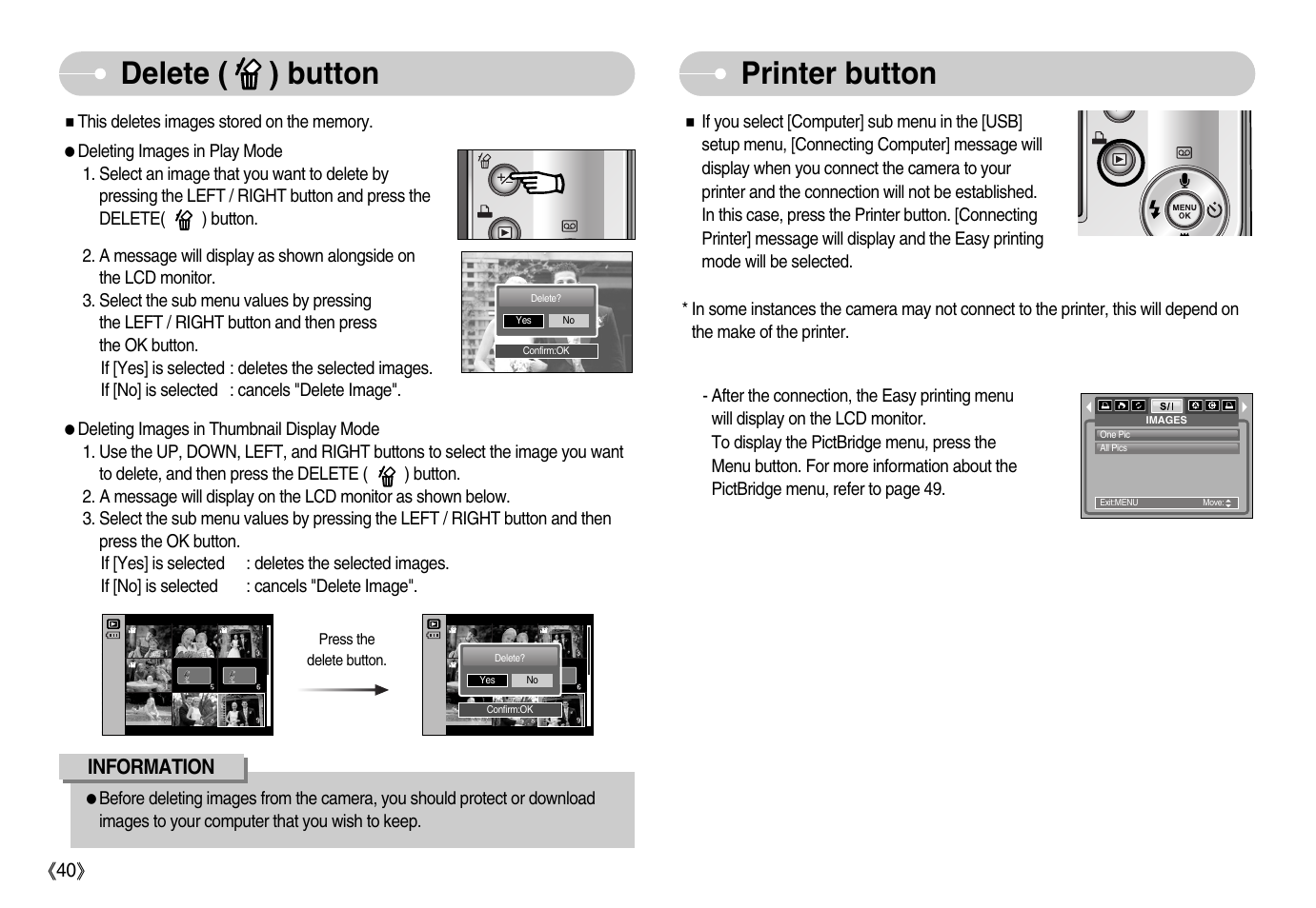 Delete ( ) button printer button | Samsung Digimax S600 User Manual | Page 41 / 78
