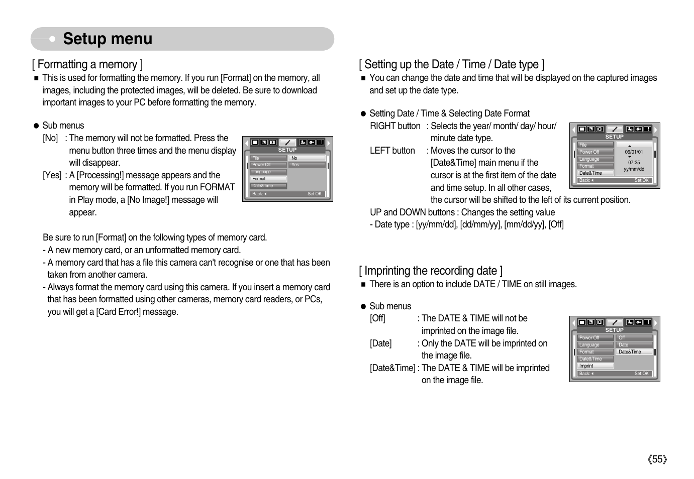 Setup menu, Setting up the date / time / date type, Imprinting the recording date | Samsung Digimax S600 User Manual | Page 56 / 78