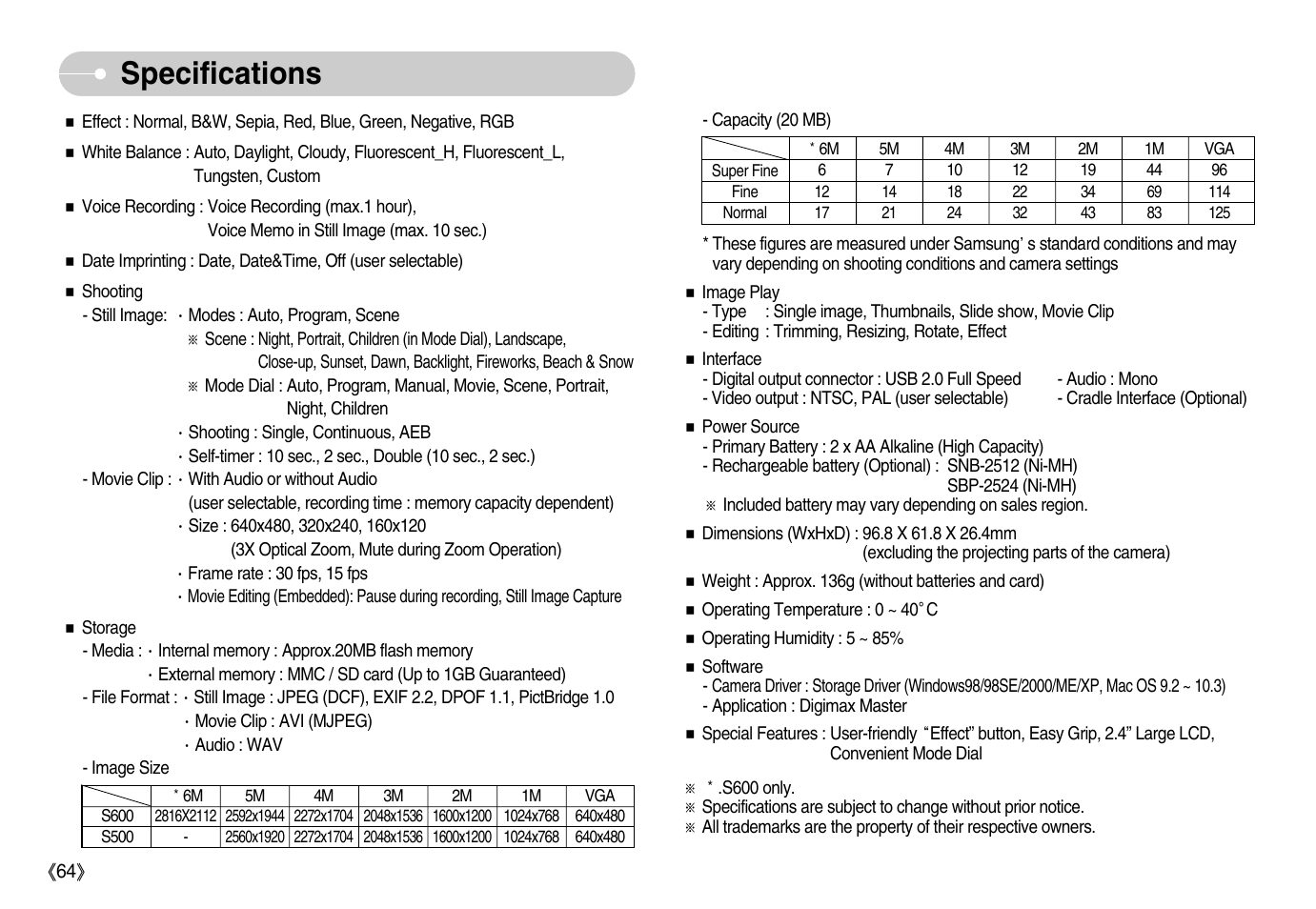 Specifications | Samsung Digimax S600 User Manual | Page 65 / 78