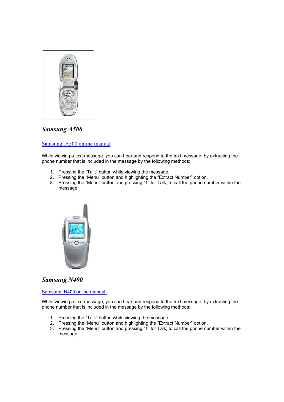 Samsung a500, Samsung n400 | Samsung SPH-I330 User Manual | Page 3 / 6