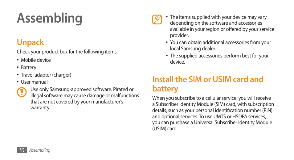 Assembling, Unpack, Install the sim or usim card and battery | Unpack install the sim or usim card and battery | Samsung WAVE II GT-S8530 User Manual | Page 10 / 150