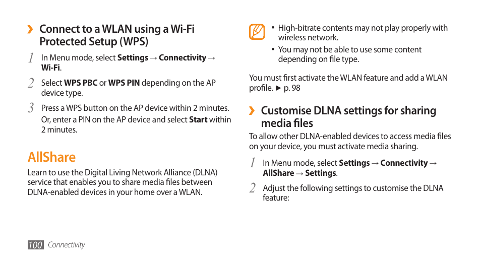 Allshare | Samsung WAVE II GT-S8530 User Manual | Page 100 / 150