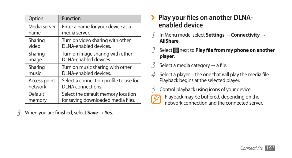 Play your files on another dlna- enabled device | Samsung WAVE II GT-S8530 User Manual | Page 101 / 150
