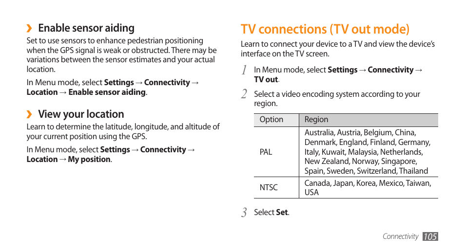 Tv connections (tv out mode), Enable sensor aiding, View your location | Samsung WAVE II GT-S8530 User Manual | Page 105 / 150