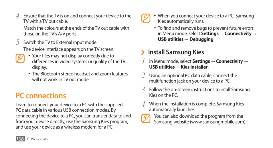 Pc connections, Install samsung kies | Samsung WAVE II GT-S8530 User Manual | Page 106 / 150