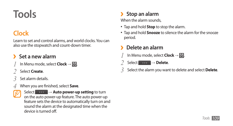 Tools, Clock | Samsung WAVE II GT-S8530 User Manual | Page 109 / 150