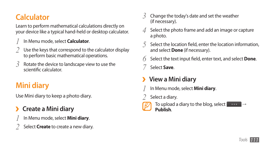 Calculator, Mini diary, Calculator mini diary | Samsung WAVE II GT-S8530 User Manual | Page 111 / 150