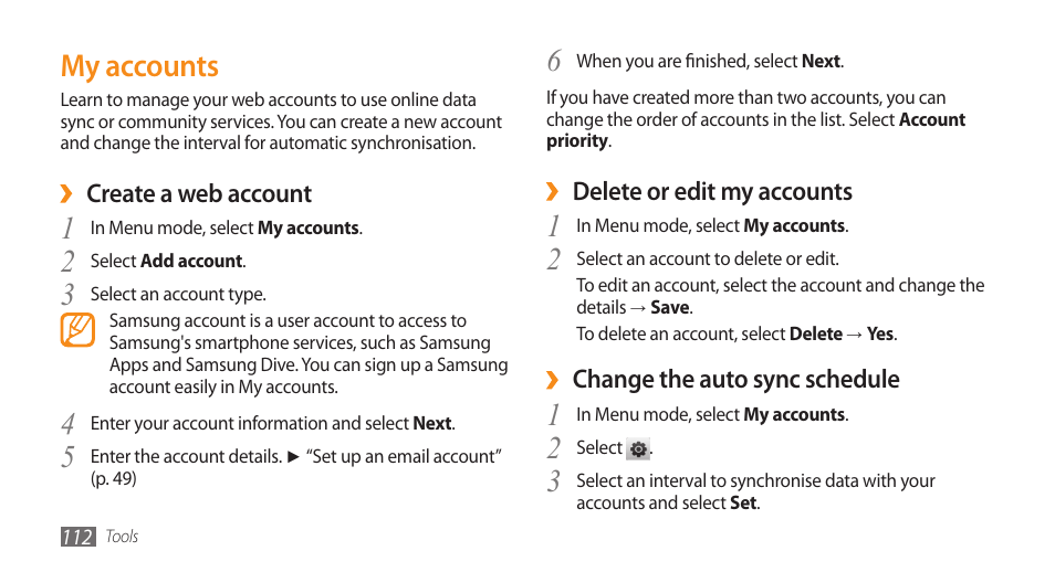 My accounts | Samsung WAVE II GT-S8530 User Manual | Page 112 / 150
