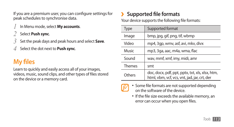 My files, Supported file formats | Samsung WAVE II GT-S8530 User Manual | Page 113 / 150