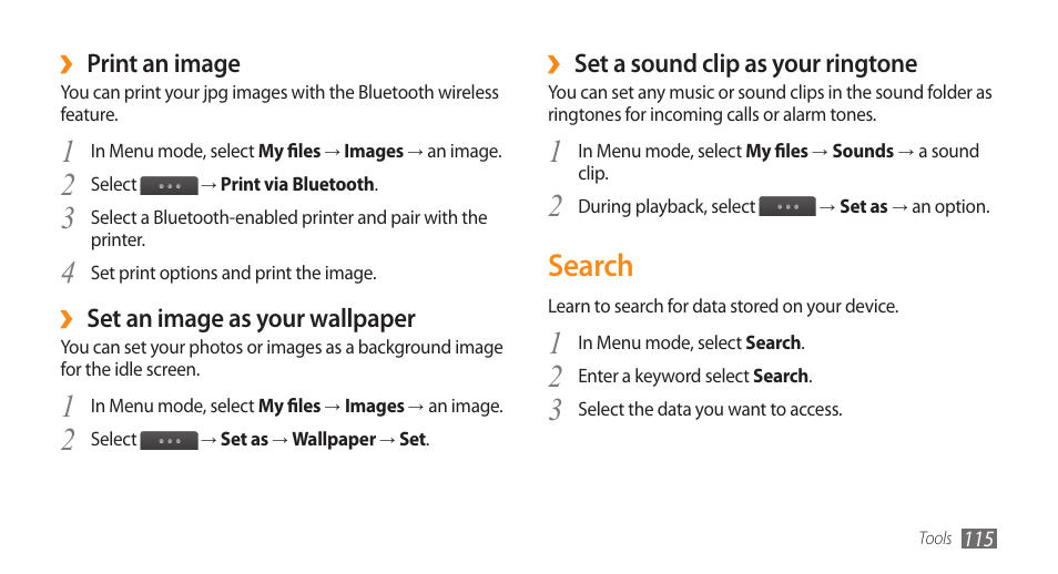 Search | Samsung WAVE II GT-S8530 User Manual | Page 115 / 150