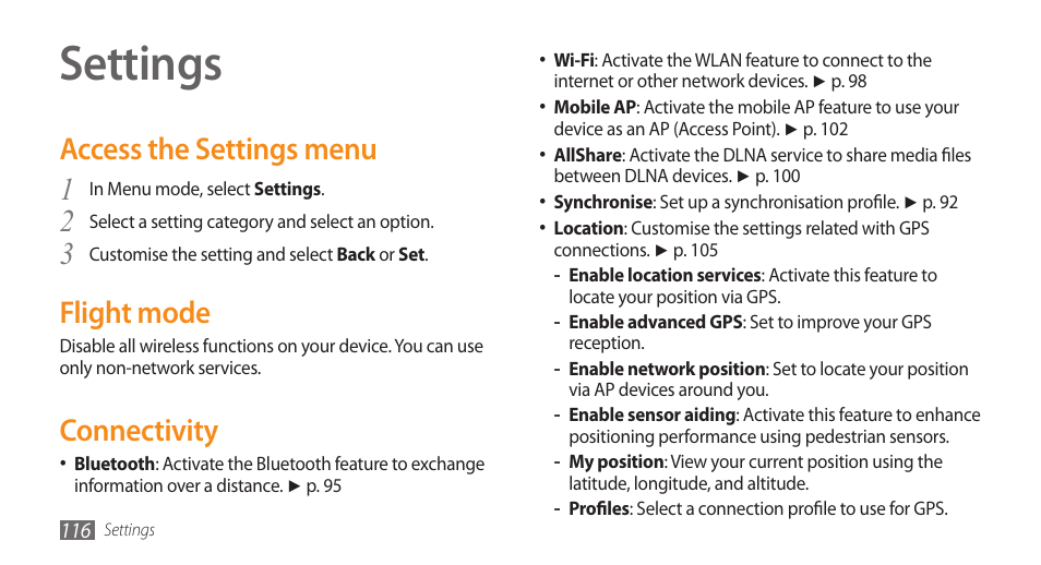 Settings, Access the settings menu, Flight mode | Connectivity, Access the settings menu flight mode connectivity | Samsung WAVE II GT-S8530 User Manual | Page 116 / 150