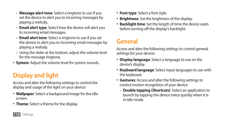Display and light, General, Display and light general | Samsung WAVE II GT-S8530 User Manual | Page 118 / 150