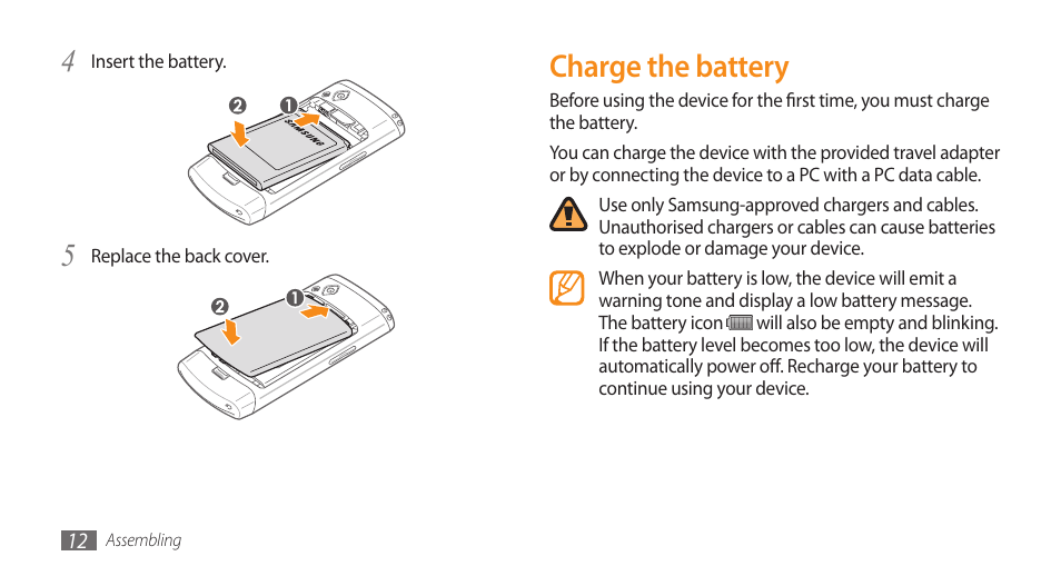 Charge the battery | Samsung WAVE II GT-S8530 User Manual | Page 12 / 150