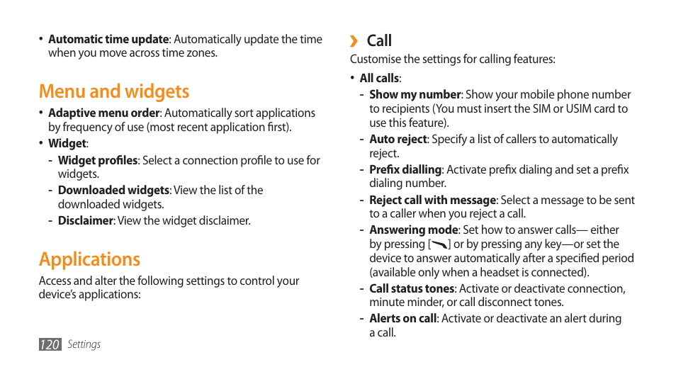 Menu and widgets, Applications, Call | Samsung WAVE II GT-S8530 User Manual | Page 120 / 150