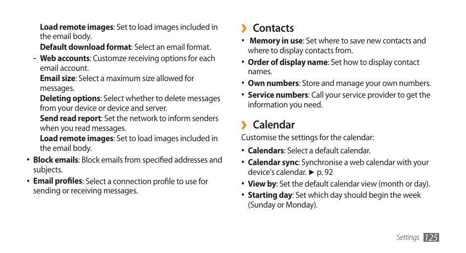 Contacts, Calendar | Samsung WAVE II GT-S8530 User Manual | Page 125 / 150