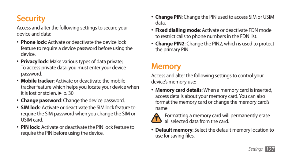 Security, Memory, Security memory | Samsung WAVE II GT-S8530 User Manual | Page 127 / 150