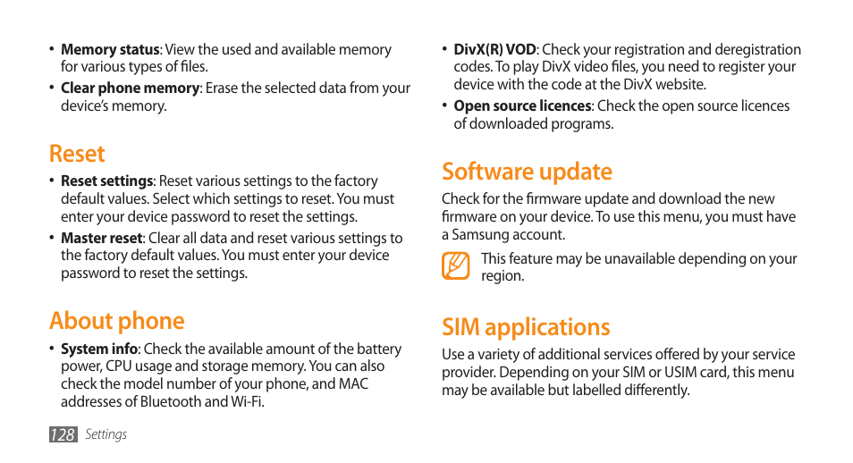 Reset, About phone, Software update | Sim applications, Reset about phone software update sim applications | Samsung WAVE II GT-S8530 User Manual | Page 128 / 150