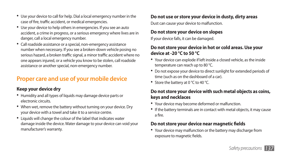 Proper care and use of your mobile device | Samsung WAVE II GT-S8530 User Manual | Page 137 / 150