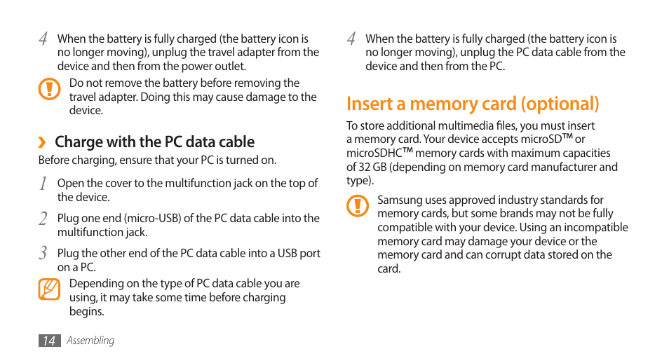 Insert a memory card (optional) | Samsung WAVE II GT-S8530 User Manual | Page 14 / 150