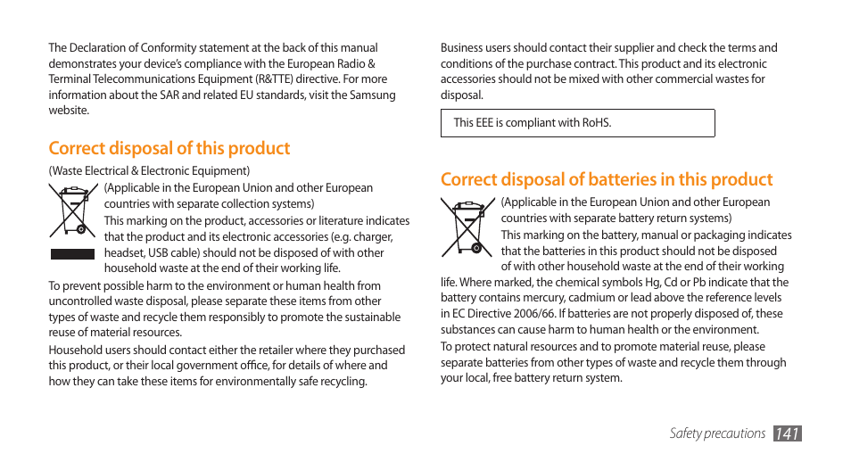 Correct disposal of batteries in this product, Correct disposal of this product | Samsung WAVE II GT-S8530 User Manual | Page 141 / 150