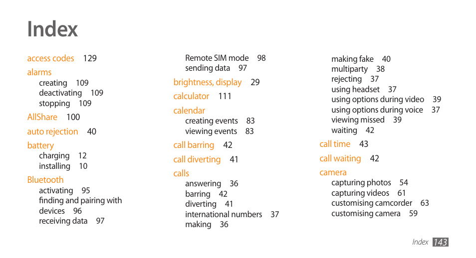 Index | Samsung WAVE II GT-S8530 User Manual | Page 143 / 150
