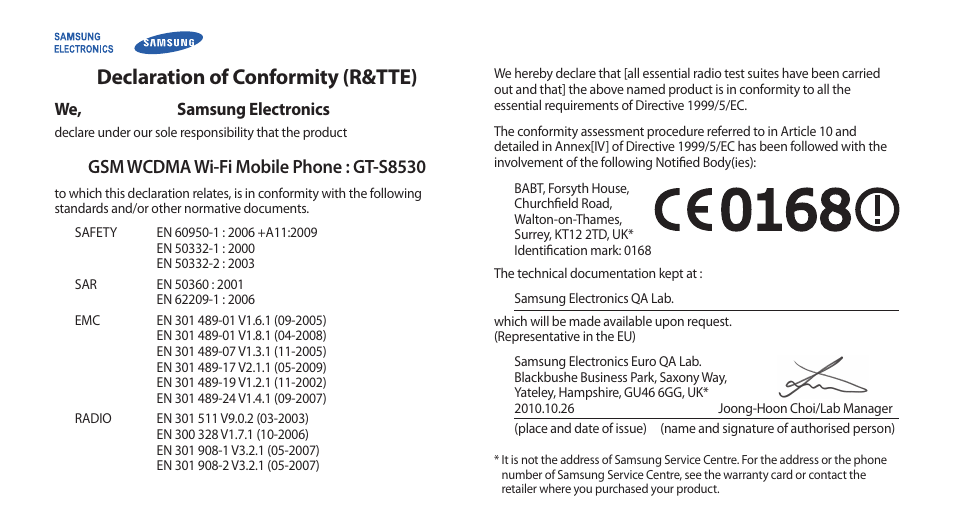 Declaration of conformity (r&tte) | Samsung WAVE II GT-S8530 User Manual | Page 149 / 150