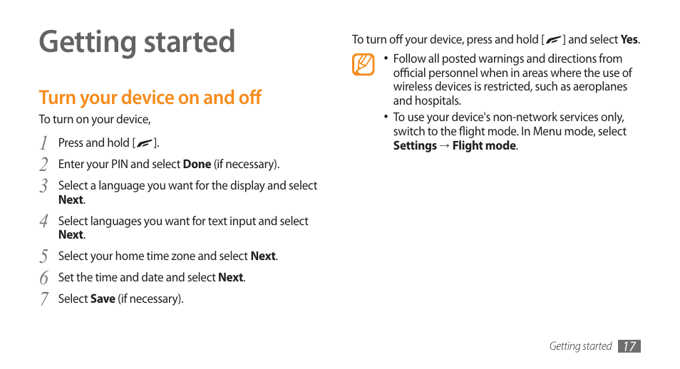Getting started, Turn your device on and off | Samsung WAVE II GT-S8530 User Manual | Page 17 / 150
