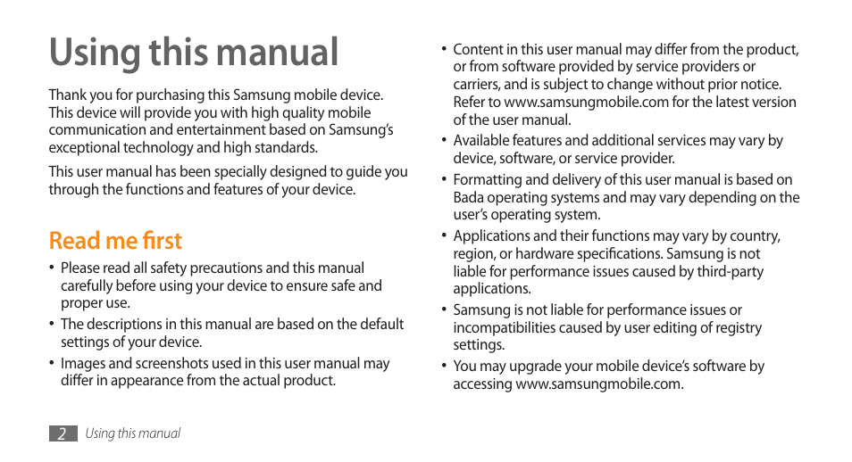Using this manual, Read me first | Samsung WAVE II GT-S8530 User Manual | Page 2 / 150