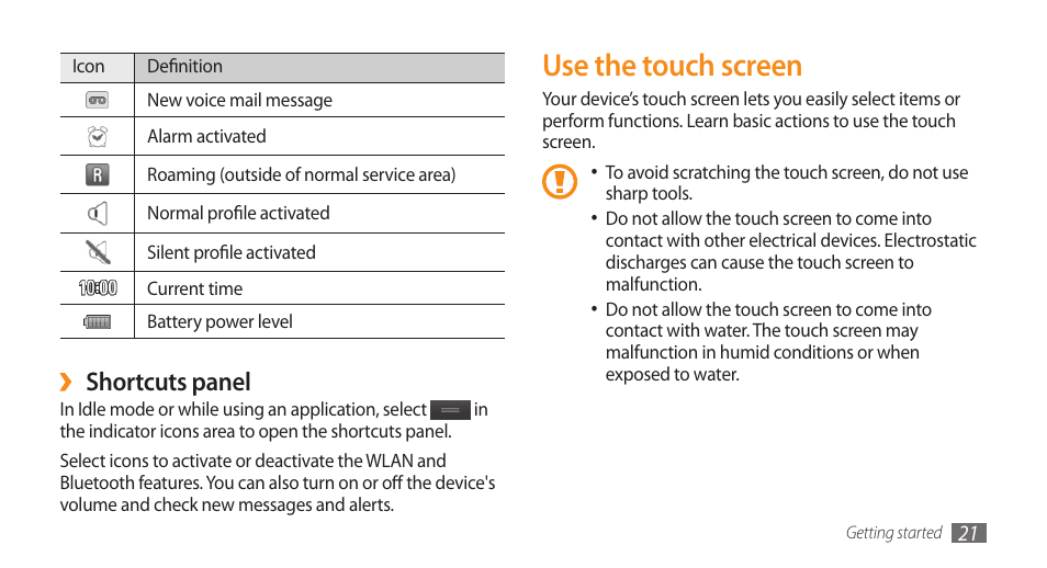 Use the touch screen, Shortcuts panel | Samsung WAVE II GT-S8530 User Manual | Page 21 / 150