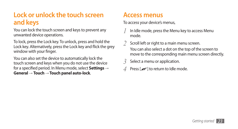 Lock or unlock the touch screen and keys, Access menus | Samsung WAVE II GT-S8530 User Manual | Page 23 / 150