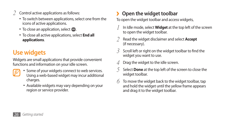 Use widgets | Samsung WAVE II GT-S8530 User Manual | Page 26 / 150