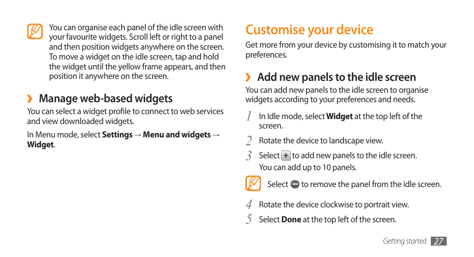 Customise your device | Samsung WAVE II GT-S8530 User Manual | Page 27 / 150