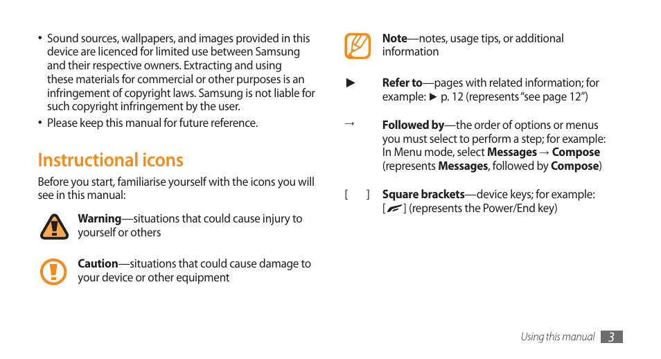 Instructional icons | Samsung WAVE II GT-S8530 User Manual | Page 3 / 150