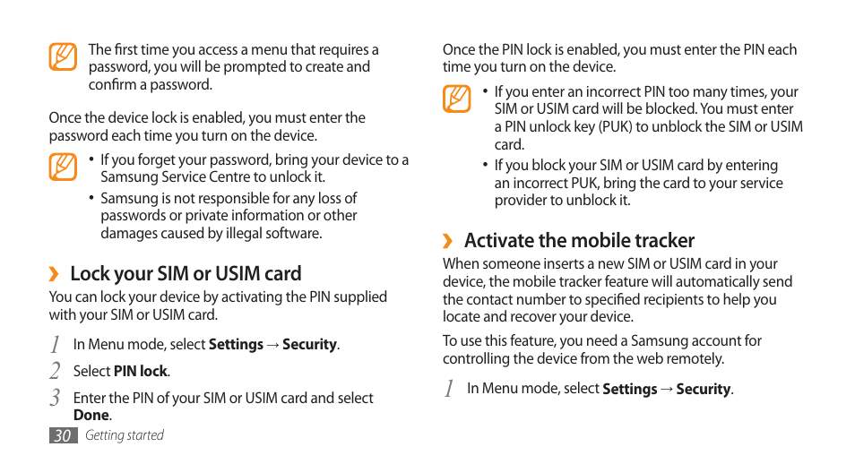Activate the mobile tracker, Lock your sim or usim card | Samsung WAVE II GT-S8530 User Manual | Page 30 / 150