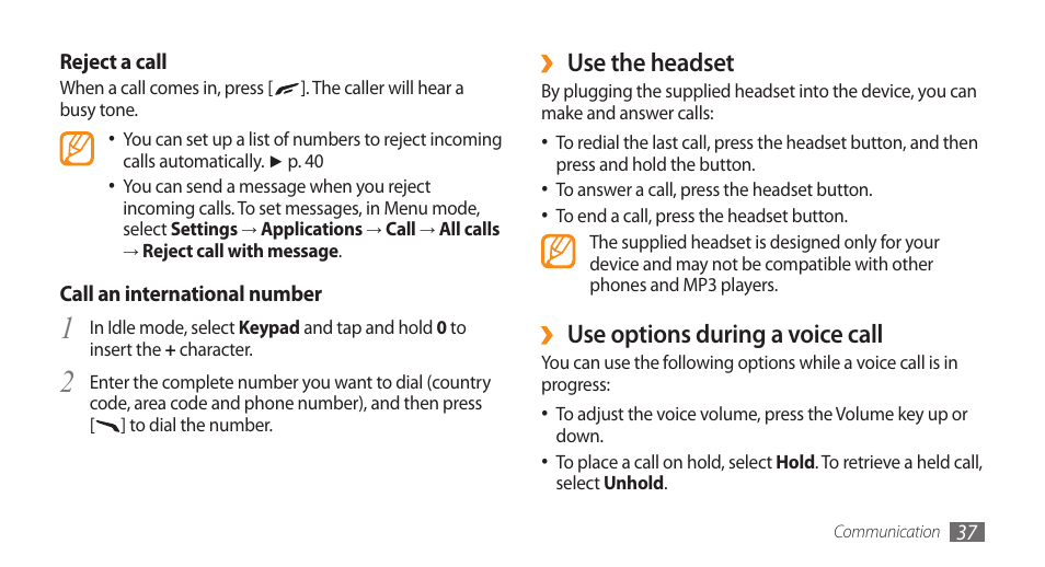 Use the headset, Use options during a voice call | Samsung WAVE II GT-S8530 User Manual | Page 37 / 150