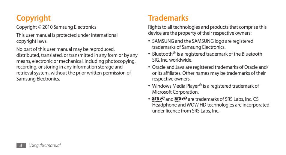 Trademarks, Copyright | Samsung WAVE II GT-S8530 User Manual | Page 4 / 150