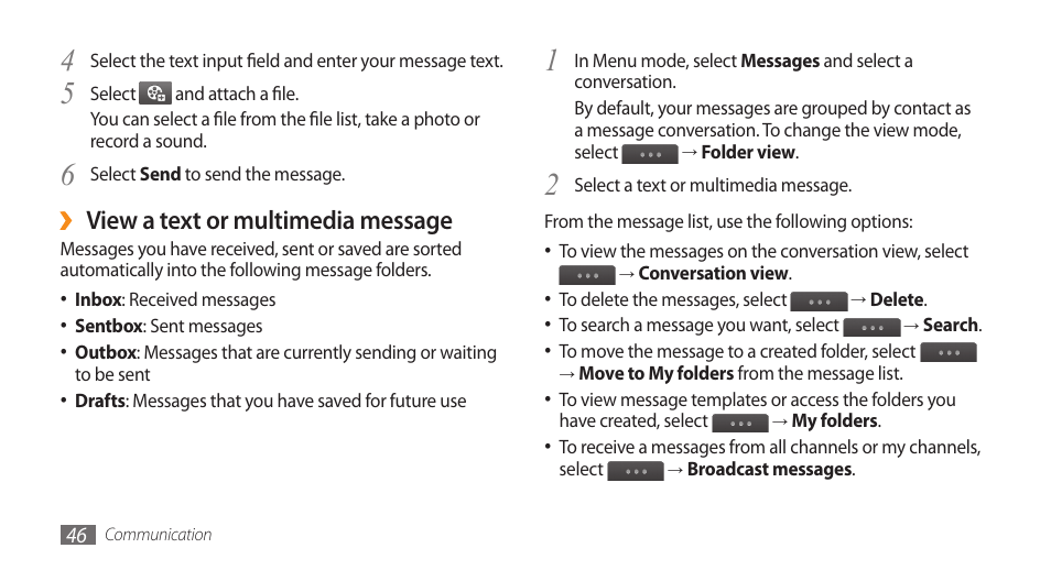 View a text or multimedia message | Samsung WAVE II GT-S8530 User Manual | Page 46 / 150