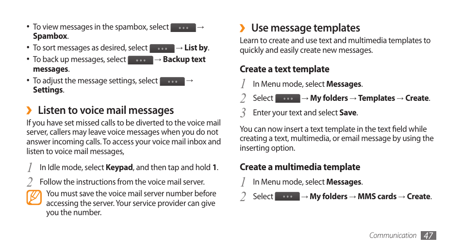 Use message templates, Listen to voice mail messages | Samsung WAVE II GT-S8530 User Manual | Page 47 / 150