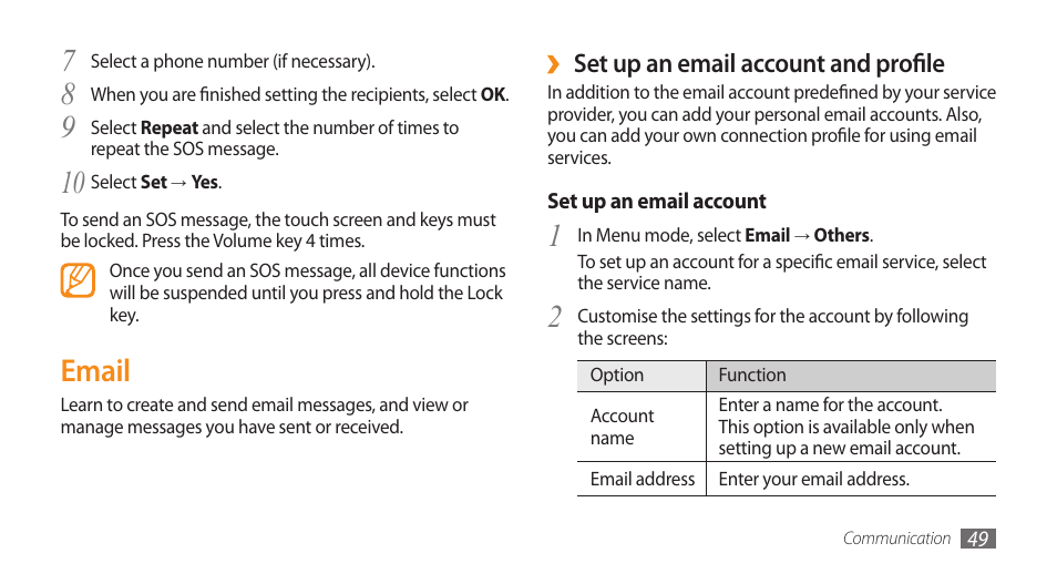 Email, Set up an email account and profile | Samsung WAVE II GT-S8530 User Manual | Page 49 / 150