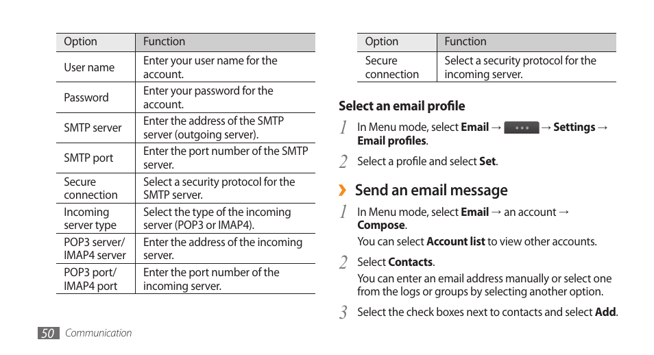 Send an email message | Samsung WAVE II GT-S8530 User Manual | Page 50 / 150